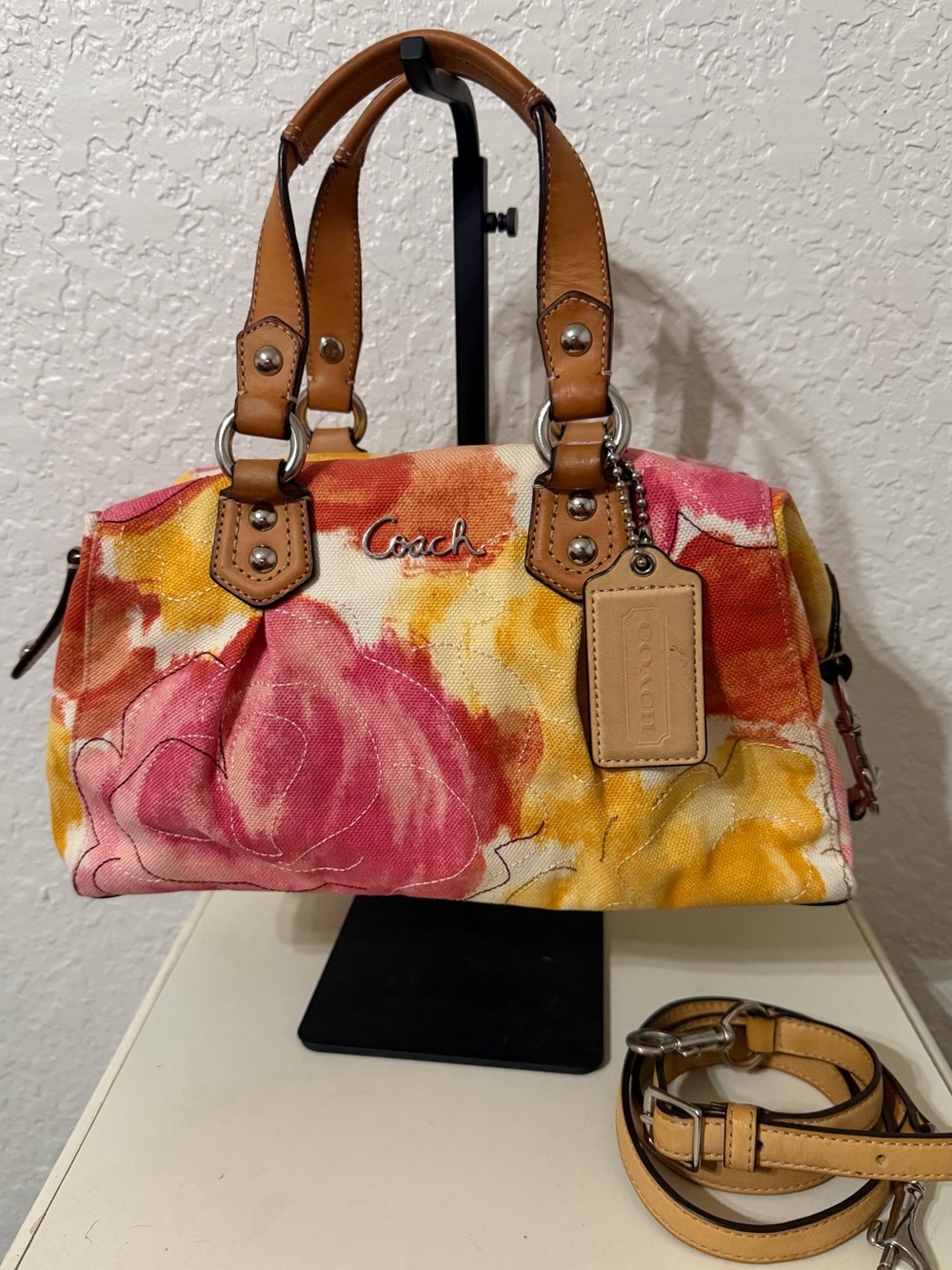 Coach Floral Canvas Satchel in Pink, Yellow & Tan Leather